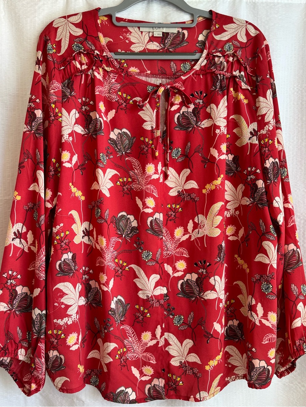 LOFT Soft Red Floral Tie-Neck Peasant Blouse - Picture 6 of 10